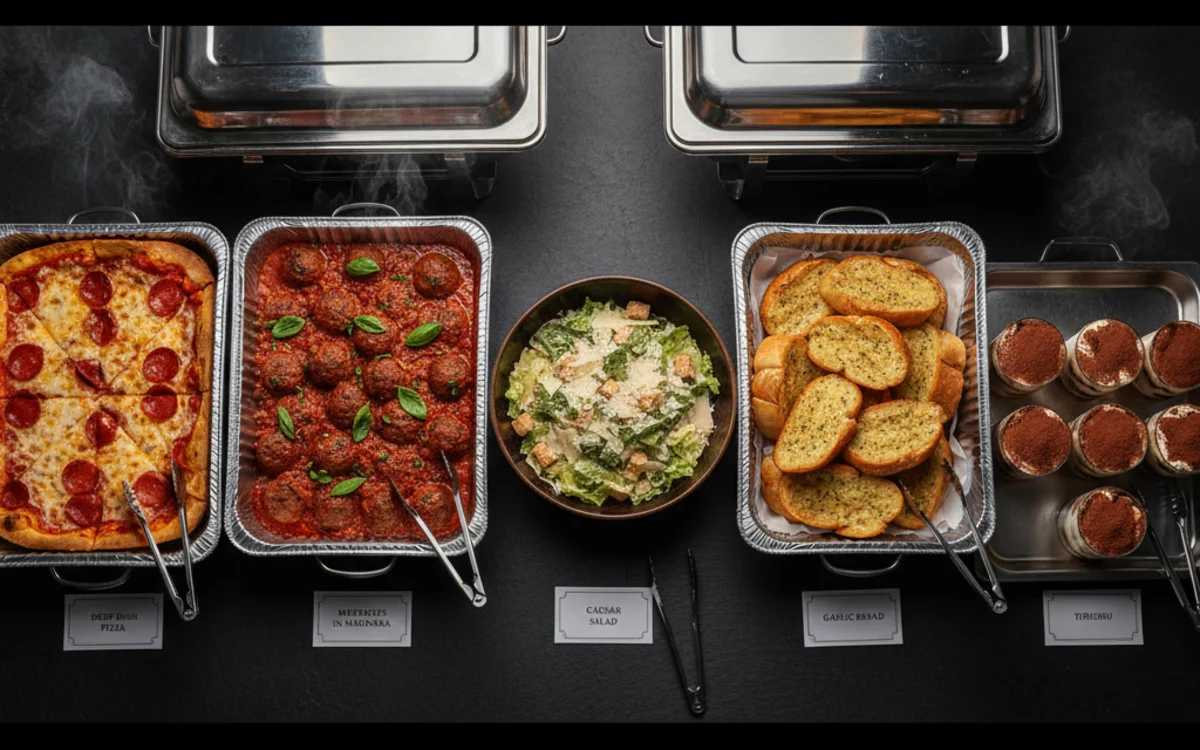 Carmine's catering food spread — corporate lunch trays and buffet