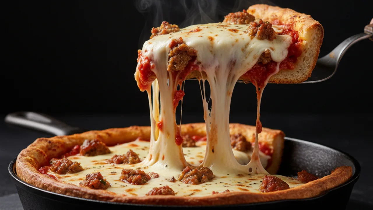 Chicago deep dish pizza with mozzarella and fennel sausage