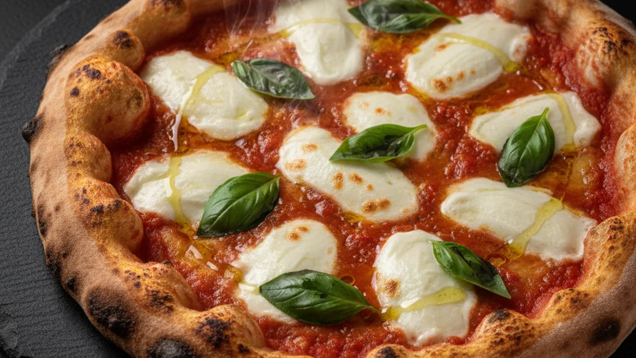 Thin crust margherita pizza with fior di latte and fresh basil